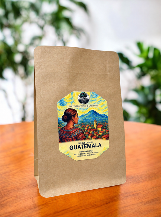 Equal Roots Guatemala single-origin coffee in its tall natural kraft bag