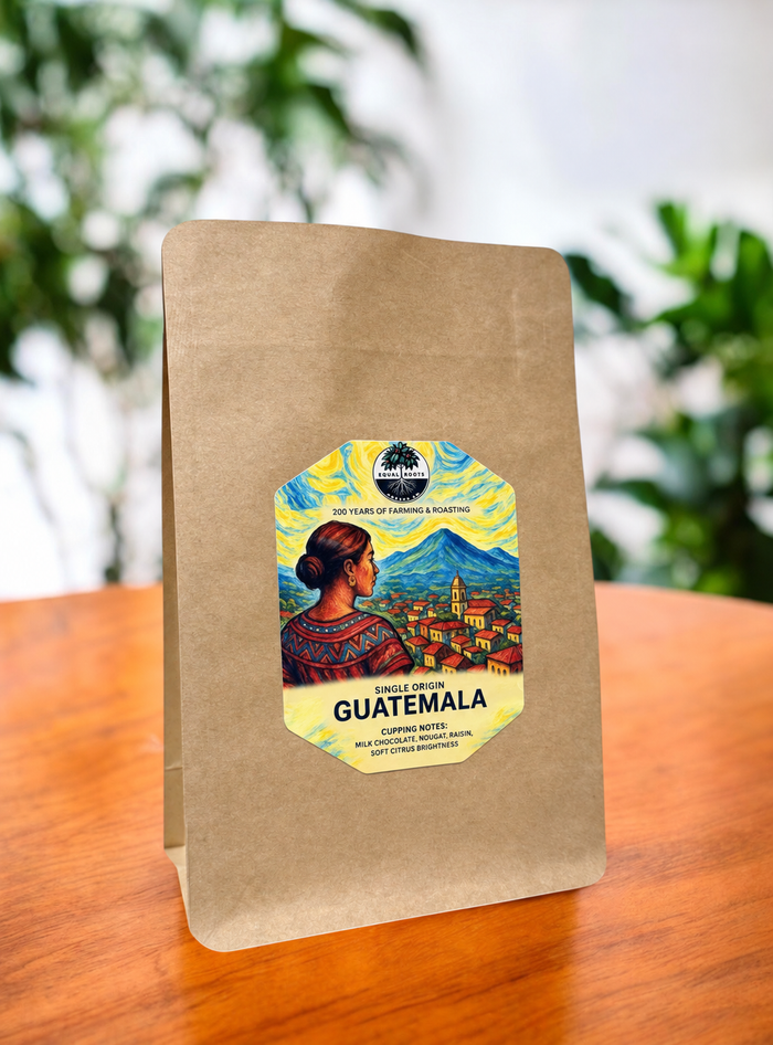 Equal Roots Guatemala single-origin coffee in its tall natural kraft bag